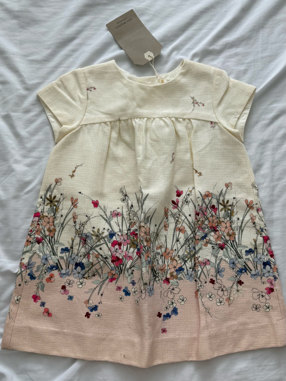 Zara Baby Cream Textured Dress with Subtle Pink Embroidery